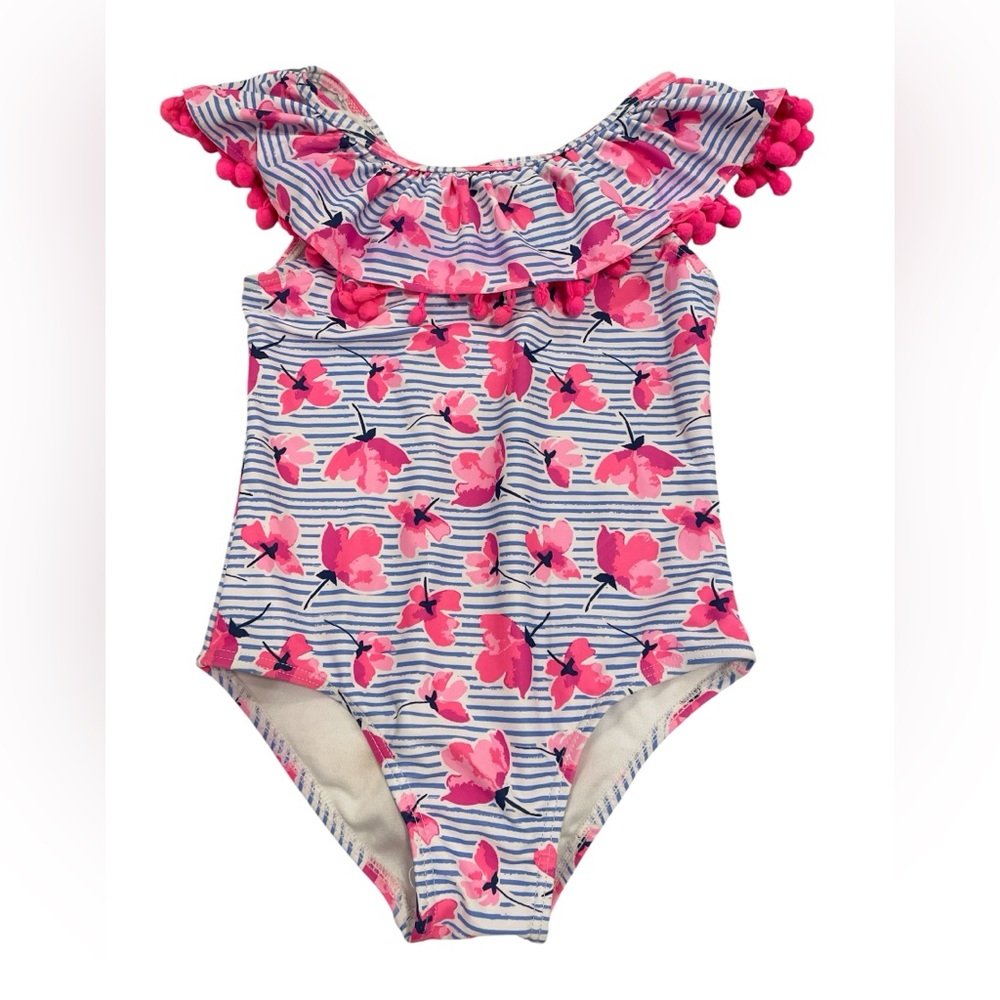 Nicole Miller Girl’s Size 5 One-Piece Swimsuit Pink Floral with Pom-Pom Detail